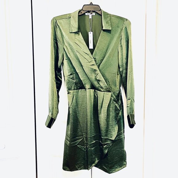 Steve Madden Washed Satin Faux Wrap Dress in Green (L) New with Tag - Picture 5 of 12